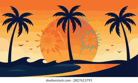 Vibrant Sunset Beach Scene with Palm Trees and Fireworks Night Celebration
