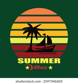 Vibrant sunset graphic featuring a sailboat and palm tree, perfect for summer apparel and beach-themed designs.