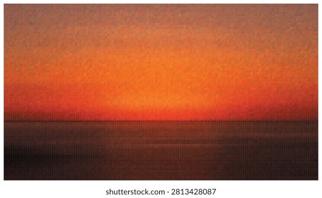 Vibrant sunset horizon over calm ocean sea water with intense orange red tones and dark silhouetted foreground. Digital art landscape for creative design.