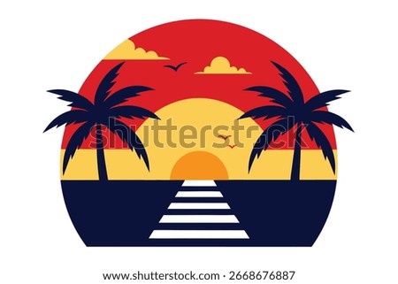 A vibrant sunset illustration showcasing silhouetted palm trees, birds flying, a path leading to the sun, and stylized clouds, all within a red and yellow circular frame.