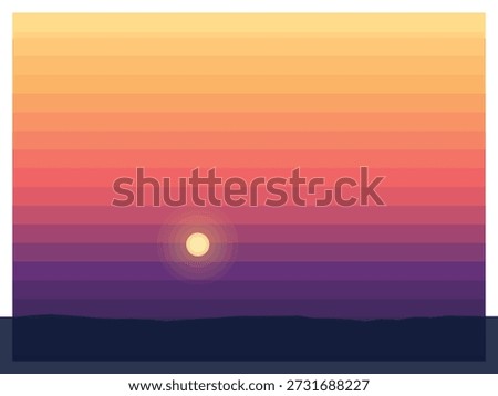 Vibrant sunset over calm ocean horizon with gradient sky, abstract pixel art style with retro color palette and halftone texture