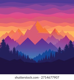Vibrant sunset over layered mountain ranges and silhouetted pine trees mountains landscape