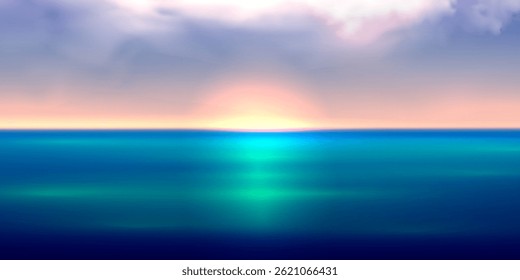 Pôr do sol vibrante sobre o oceano Litoral Cenário Relaxe Calmo Horizonte do oceano Exibindo cor borrada Gradiente Fundo Vetor Ilustração.Panorâmica Paisagem do mar. Cena Pacífica do Oceano