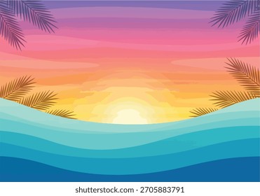 Vibrant Sunset Over Ocean with Palm Fronds, Evoking Tropical Par
