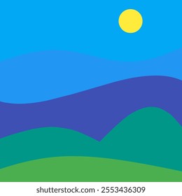 Vibrant sunset over ocean waves. Abstract minimalist landscape with colorful layers of yellow, orange, blue.  Summer, travel, nature background.