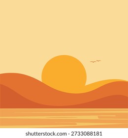 Vibrant sunset over rolling hills with warm golden light reflecting on calm water and birds flying across a serene sky