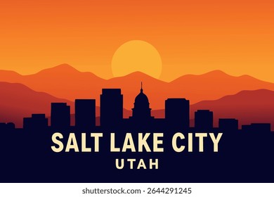 A vibrant sunset over Salt Lake City, Utah, where the fading light casts warm tones across the valley, creating a stunning backdrop of the city’s skyline and surrounding snow-capped mountains