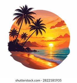 Vibrant sunset over a tropical beach with silhouetted palm trees and calm ocean