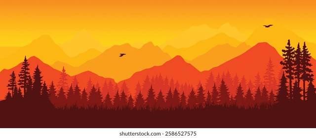 A vibrant sunset paints the sky in hues of orange and yellow casting silhouettes of mountains and tall trees. Birds soar across the glowing horizon creating a serene atmosphere.