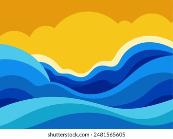 A vibrant sunset scene depicted in a cartoon style with ocean waves