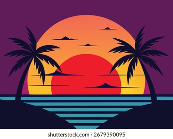 vibrant sunset scene featuring palm trees