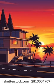 A vibrant sunset scene with a modern house overlooking a tranquil ocean, palm trees silhouetted against the colorful sky.