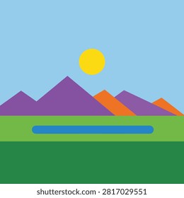 Vibrant sunset sky casting warm colors over layered mountain silhouettes above a lush green valley