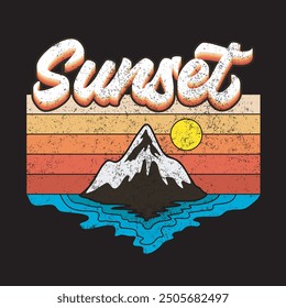 Un vibrante Vector de camiseta al atardecer con tonos cálidos y degradados de naranja, rosa y púrpura. Perfecto para ropa de playa, vibraciones de verano o diseños temáticos al aire libre, capturando la belleza serena de una puesta de sol.