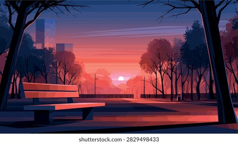 Vibrant Sunset in Urban Park with Bench Illustration