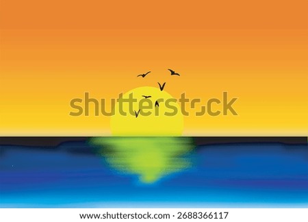 Vibrant sunset vector with silhouetted birds over a calm, reflective ocean.