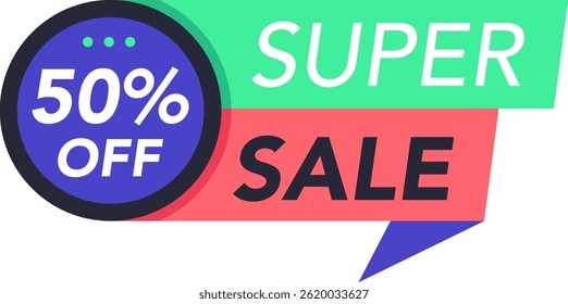 Vibrant super sale banner featuring a fifty percent off discount offer, delivering an eye catching promotional message designed for an effective marketing campaign
