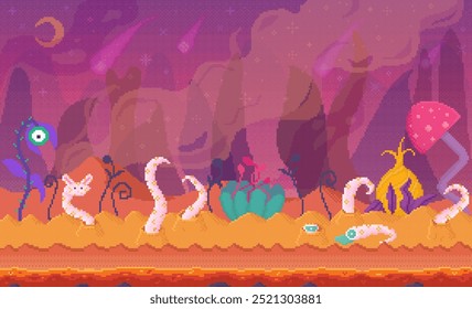 A vibrant and surreal alien landscape filled with unusual plants, creatures with tentacles, and floating elements in a mix of purple, pink, and orange hues. Ideal for fantasy themes, sci-fi settings