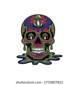 A vibrant and surreal skull adorned with psychedelic mushrooms and melting colors, symbolizing altered states of consciousness and the surreal.