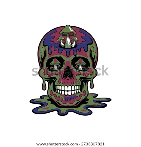 A vibrant and surreal skull adorned with psychedelic mushrooms and melting colors, symbolizing altered states of consciousness and the surreal.