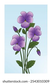 Estampado de flores violeta dulce vibrante, arte floral colorido con hojas verdes, pósters florales de moda, ilustración botánica dibujada a mano para decoración