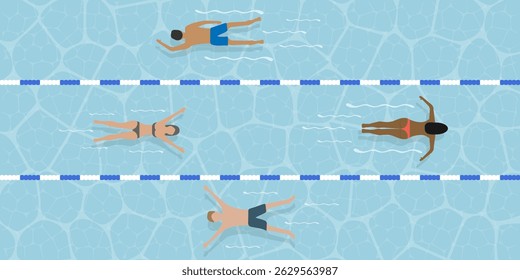 Uma vibrante cena de piscina com nadadores relaxados desfrutando da água refrescante