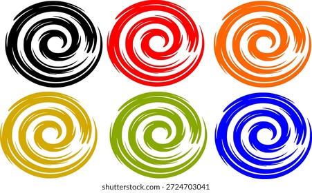 Pincel vibrante em espiral traçado círculo definido, colorido pintura espiral splatter elementos gráficos, abstrato em volta de vórtice ícones em preto, vermelho, laranja, ouro, verde e azul isolado no fundo branco