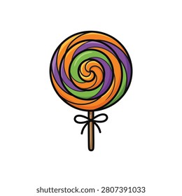 A vibrant swirled lollipop candy with orange purple and green colors tied with a black ribbon on a stick