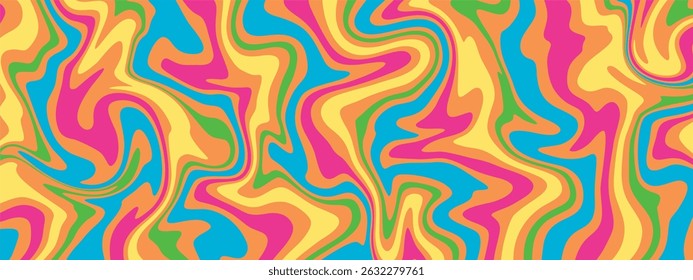 A vibrant and swirling abstract pattern resembling liquid marbling or a psychedelic art style, with dominant colors of hot pink, bright yellow, orange, green, and blue.