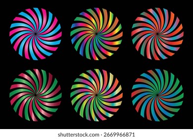 Lebendige wirbelnde Kreise Design-Set auf schwarzem Hintergrund.