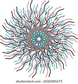 Vibrant, swirling lines create a dynamic, abstract circular pattern with a spectrum of colors.