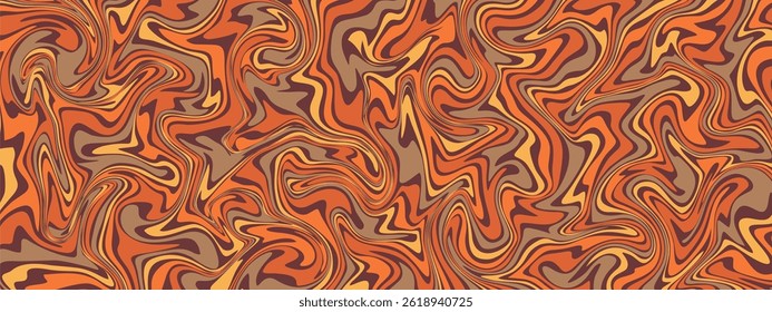 a vibrant, swirling pattern of fluid, wavy lines in warm tones of orange, brown, and yellow, creating an energetic, retro, and dynamic 70s-inspired composition.