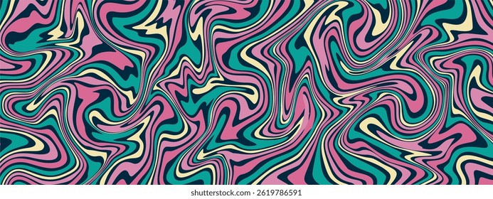 um padrão vibrante, girando com uma sensação psicodélica retrô. Caracteriza-se por linhas suaves e fluidas em tons de rosa, azul escuro e amarelo pálido