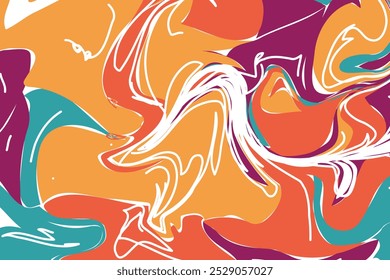 Vibrant swirls of orange, teal, and maroon create a dynamic abstract composition, evoking energy and movement through their fluid, intertwining shapes and bold contrasts.