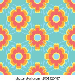 Vibrant symmetrical 60s floral repeating vector pattern in bright orange and aqua green