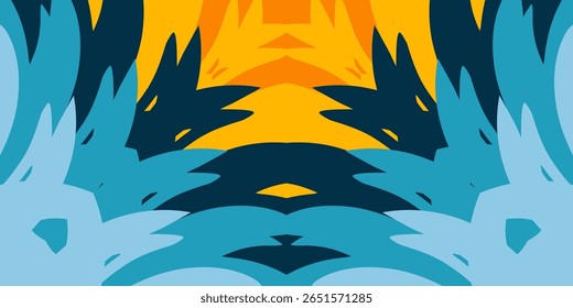 A vibrant, symmetrical abstract background with a central, fiery orange and yellow explosion or sunrise, framed by sharp, mirrored blue and navy shapes that evoke creatures, waves, or flames.