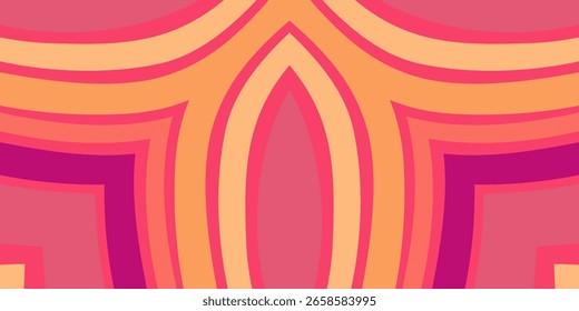 A vibrant, symmetrical abstract background featuring flowing, concentric curves in a warm, retro inspired color palette.
