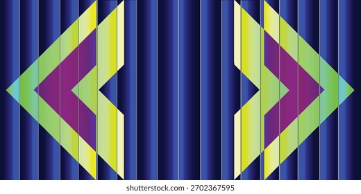 Uma composição abstrata vibrante e simétrica com duas formas geométricas opostas com gradientes verdes, amarelos e roxos, definidas contra um fundo de listras verticais azuis.