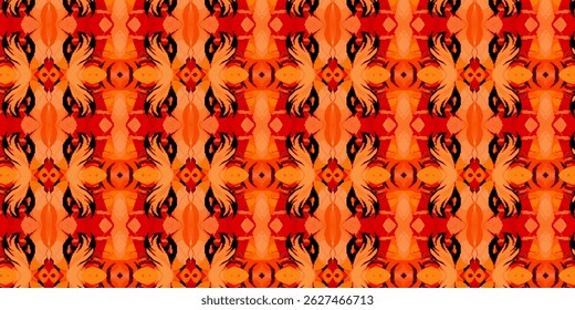 Vibrant and symmetrical abstract pattern in fiery tones of orange, red, and black.
