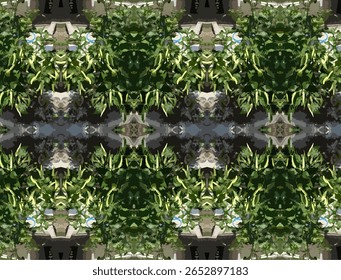 Um padrão abstrato vibrante e simétrico que mostra uma rica tapeçaria de folhagem verde e traços de cores claras, criando um fundo único e dinâmico. Ideal para arte digital, têxteis e design pro