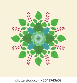 A vibrant symmetrical botanical mandala with a central striped flower, lush green leaves, and red berry clusters, all on a light background, evoking natural beauty and decorative harmony.