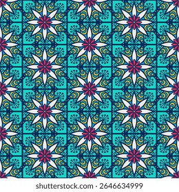 A vibrant, symmetrical floral pattern featuring intricate designs in blue, pink, and yellow, ideal for backgrounds or textiles.