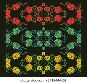  Vibrant Symmetrical Floral Patterns in Red, Teal, and Yellow, Decorative Ornamental Design with Organic Swirls and Blooming Flowers