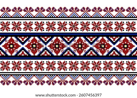 A vibrant and symmetrical folk embroidery pattern in red, blue, black, and white, inspired by traditional Eastern European, Slavic, and Ukrainian textile art. This pixel-art design mimics handcrafted 
