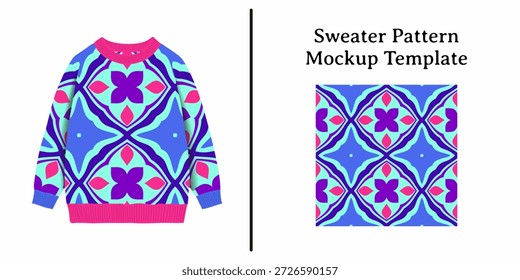 Um padrão floral geométrico vibrante e simétrico em tons de azul, roxo e rosa, projetado para aplicação têxtil e de vestuário sem costura.