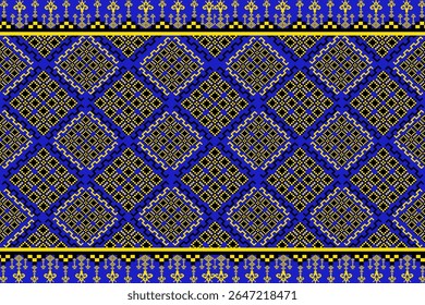 A vibrant and symmetrical geometric pattern featuring diamond shapes with intricate details in blue, yellow, and black tones. The artwork includes floral-inspired motifs and checkered borders