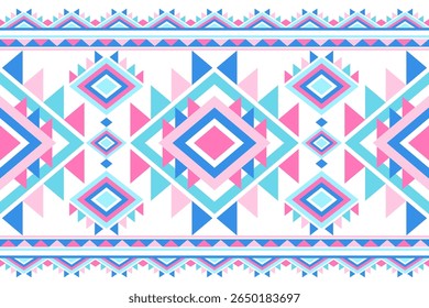 A vibrant and symmetrical geometric tribal pattern with diamond and triangle motifs rendered in pink blue and white
