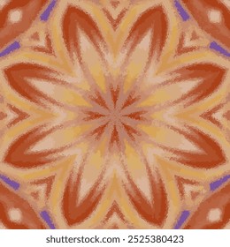 Vibrant symmetrical kaleidoscope pattern. Central flower-like shape. Shades of orange, yellow, brown, and purple. Intricate overlapping shapes. For fabric textiles, wallpaper and stationery.