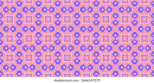 Um fundo caleidoscópico vibrante e simétrico. A imagem apresenta um padrão contínuo e repetitivo de formas geométricas interligadas em uma paleta de cores divertida de roxo, rosa e lavanda.