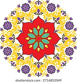 A vibrant, symmetrical mandala design features a prominent red central flower with teal petals and yellow accents. Ornate yellow scrollwork unfurls outwards, interspersed with purple stylized flowers and smaller black floral motifs, creating a rich, intricate pattern in a flat vector art style.